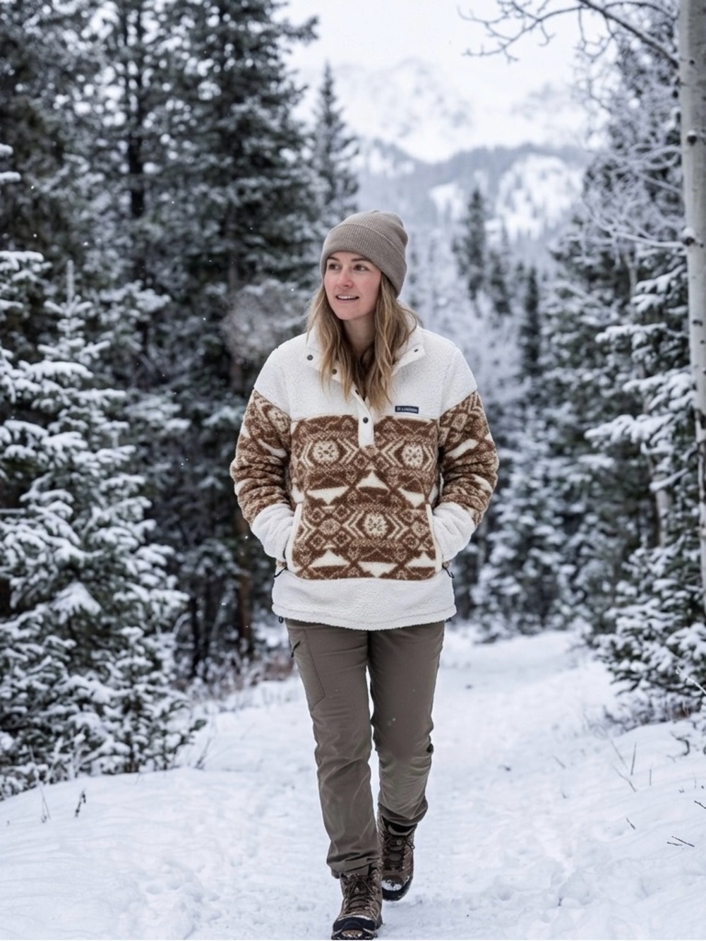 Columbia Women's Cream and Brown Patterned Sherpa Fleece Sweater